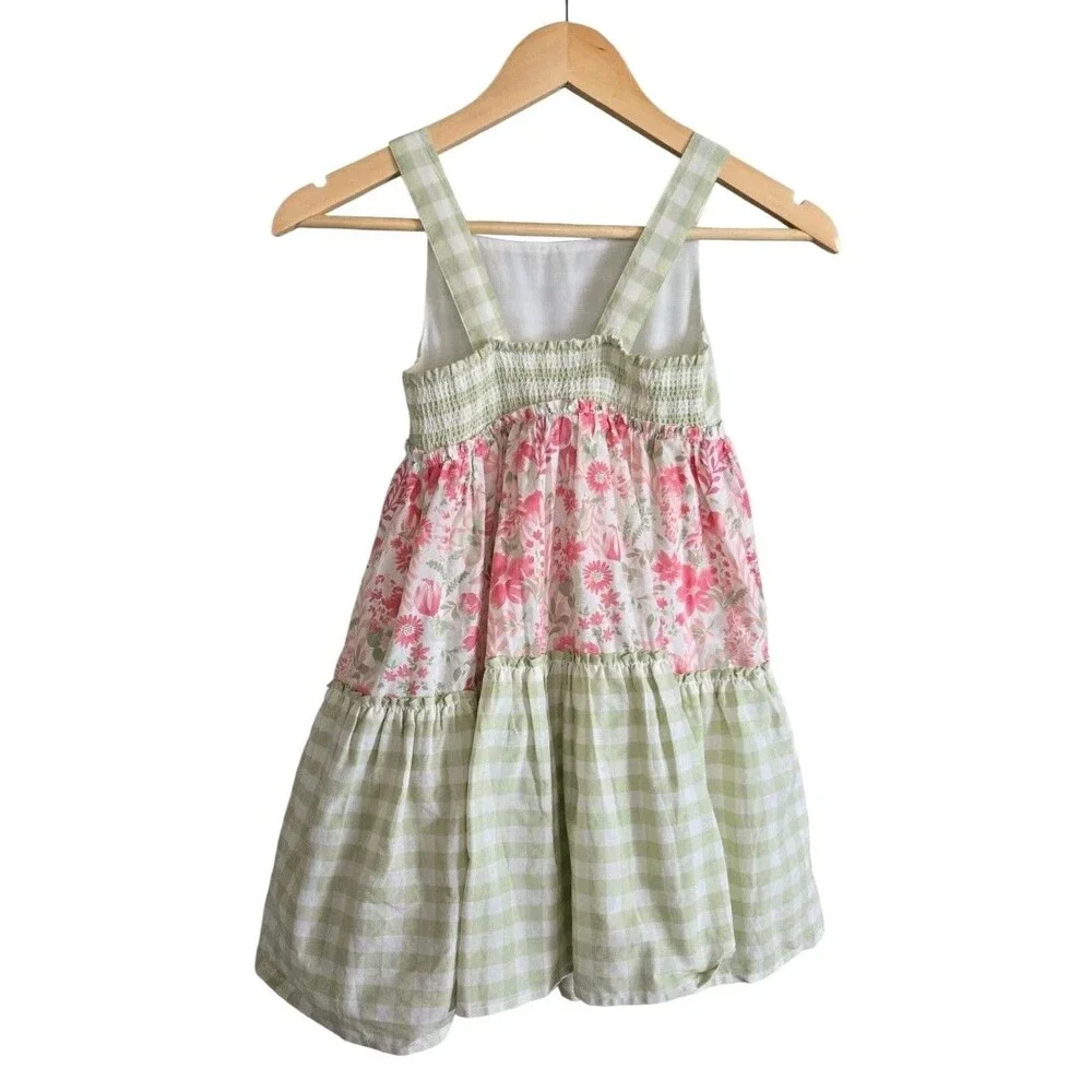 NWT RACHEL ZOE Girls Dress Floral Tiered Check Green Pink Shirred Back Size 7